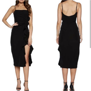 Bardot Rona Ruffle Midi Side Slit Fitted Cocktail Dress Black Sz 6 S Small